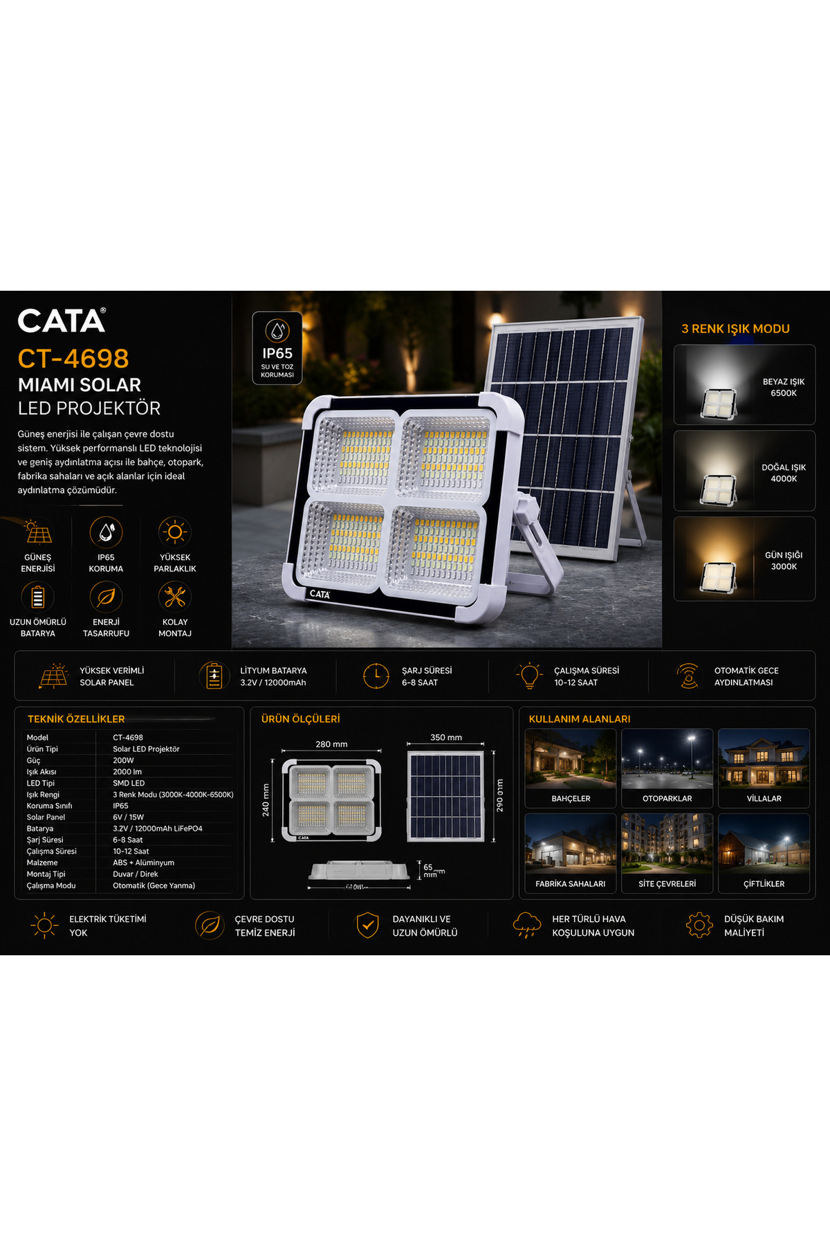 CT-4698 Miami Solar LED Projektör Güneş Enerjili IP65 Dış Mekan Aydınlatma